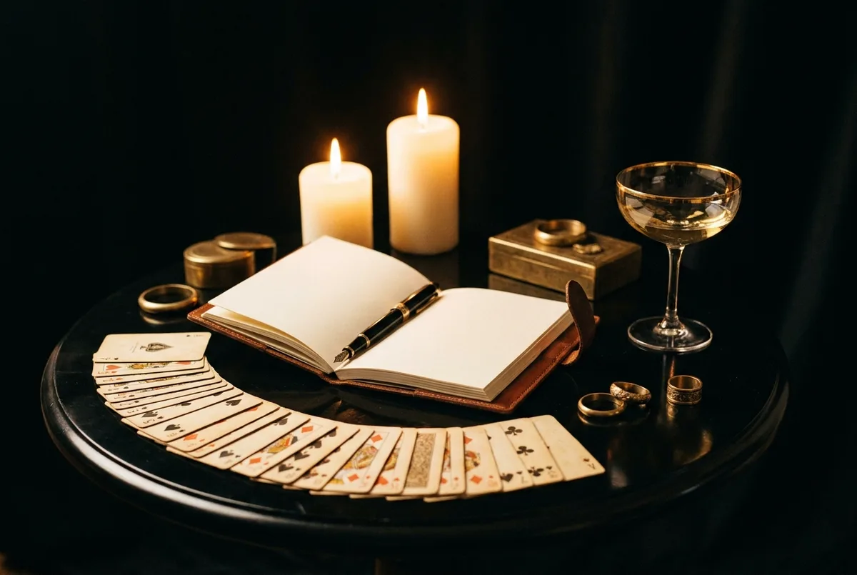 Das Journal des Black Table Magic Theater: Kerzenlicht, Spielkarten und ein aufgeschlagenes Notizbuch auf dem schwarzen Tisch